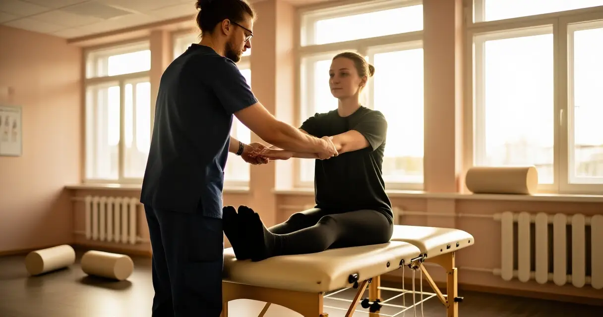 Fysioterapeutti avustaa potilasta harjoituksissa valoisassa vastaanottohuoneessa