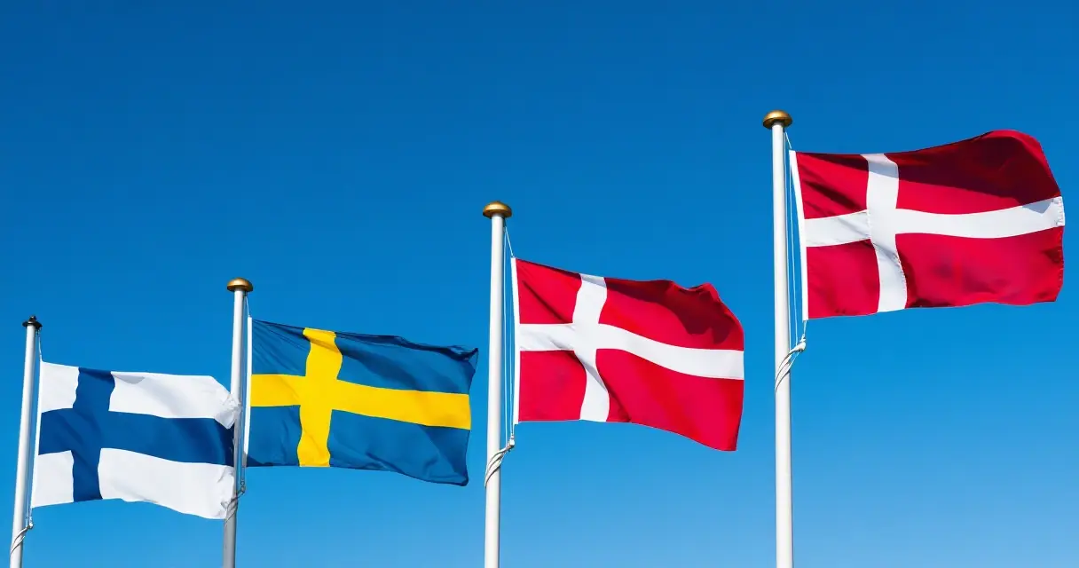 Suomen, Ruotsin, Norjan ja Tanskan liput lippumastoissa rinnakkain