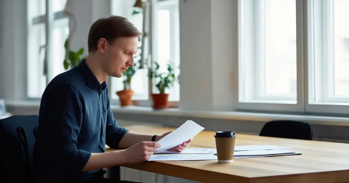 Toimihenkil&ouml; tarkastelee ty&ouml;ehtosopimuksen lisi&auml; ja korvauksia paperidokumenteista toimistossa