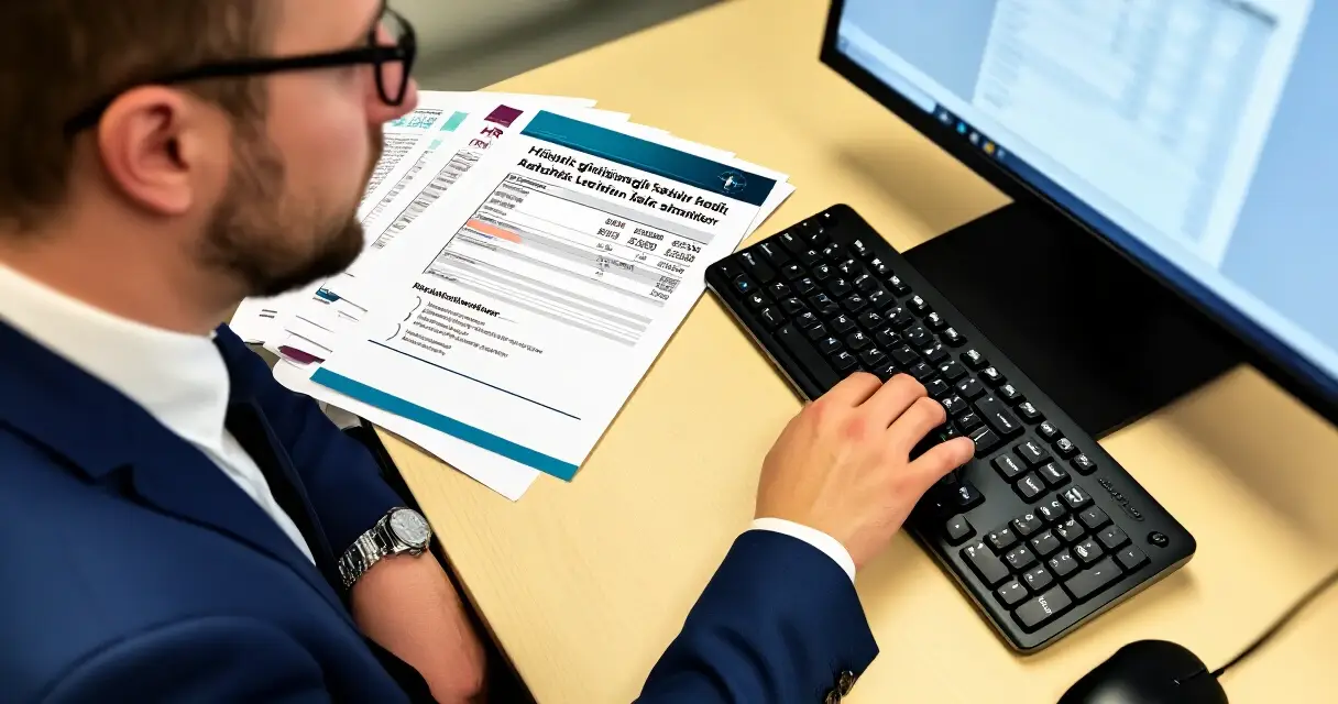 HR-asiantuntija tarkistaa palkanlaskentaraportteja ja TES-dokumentteja toimistossa