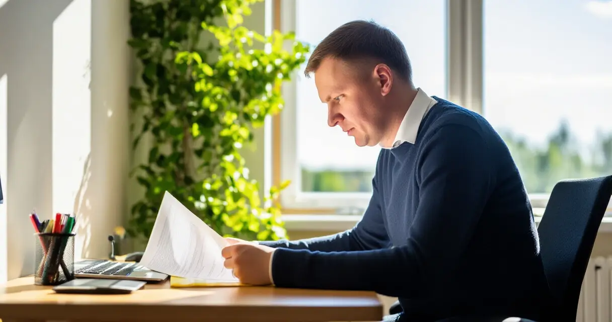 Palkansaaja tarkistaa palkkalaskelmaa kesäauringossa toimistossa