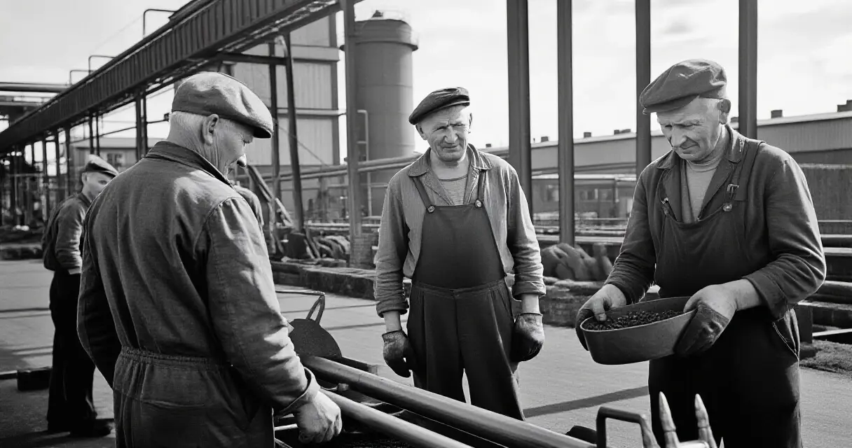 Suomalaisia tehdasty&ouml;l&auml;isi&auml; 1960-luvulla, jolloin el&auml;kej&auml;rjestelm&auml; luotiin
