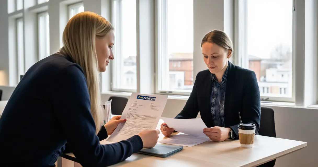 Suomalaisia toimistoty&ouml;ntekij&ouml;it&auml; tarkastelemassa el&auml;kedokumentteja