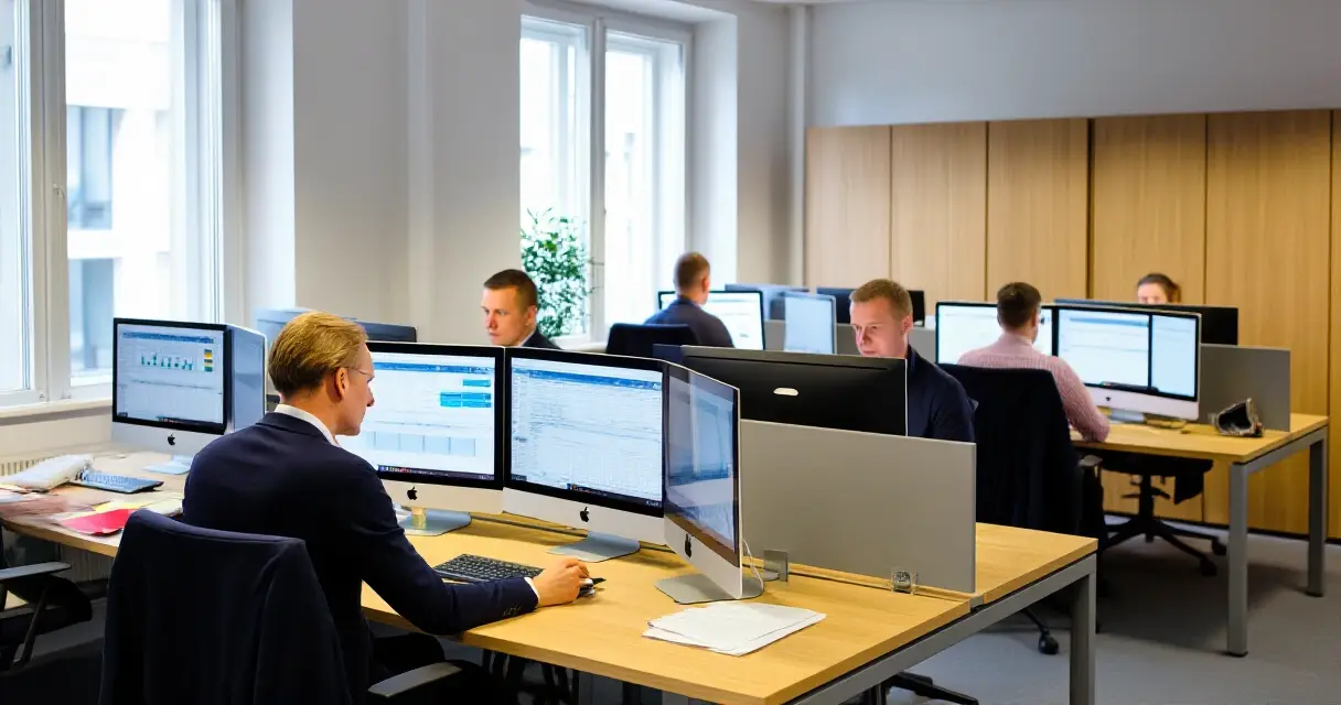 Tilitoimiston työntekijät käyttävät palkanlaskentaohjelmistoa tietokoneilla