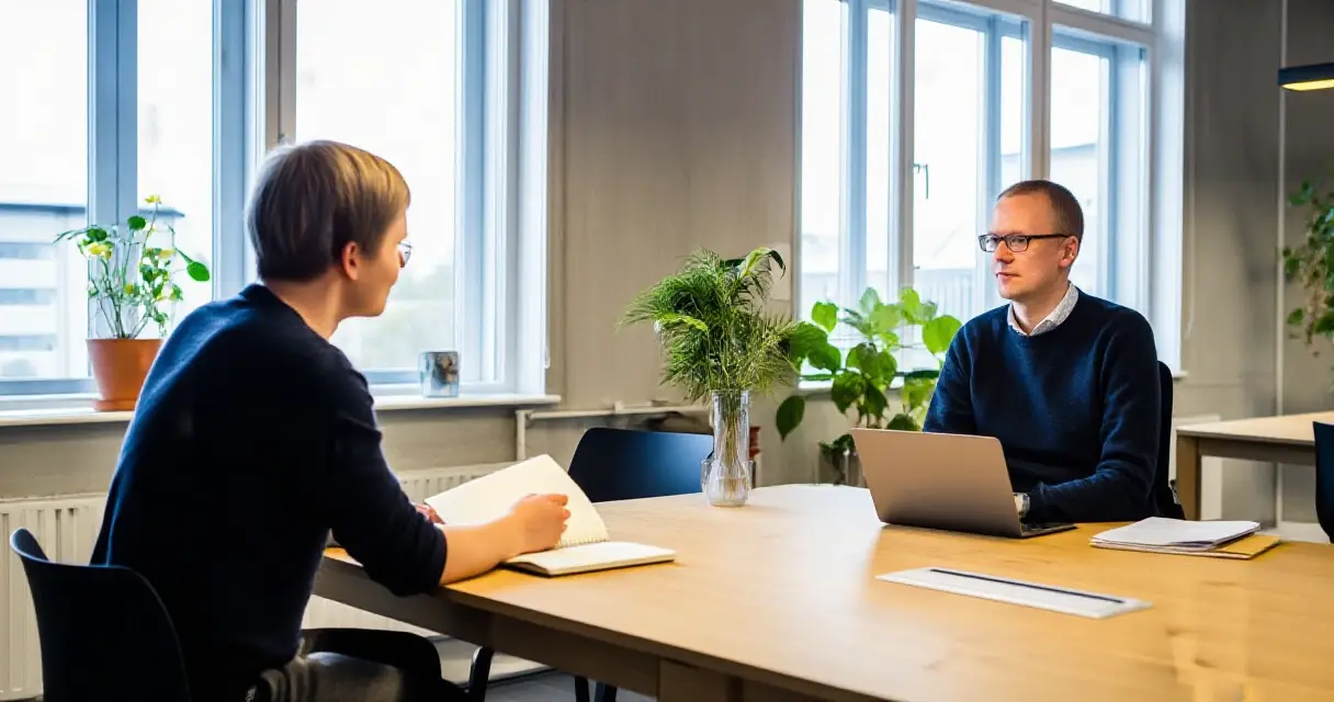 Kaksi henkil&ouml;&auml; palkkaneuvottelussa modernissa toimistossa